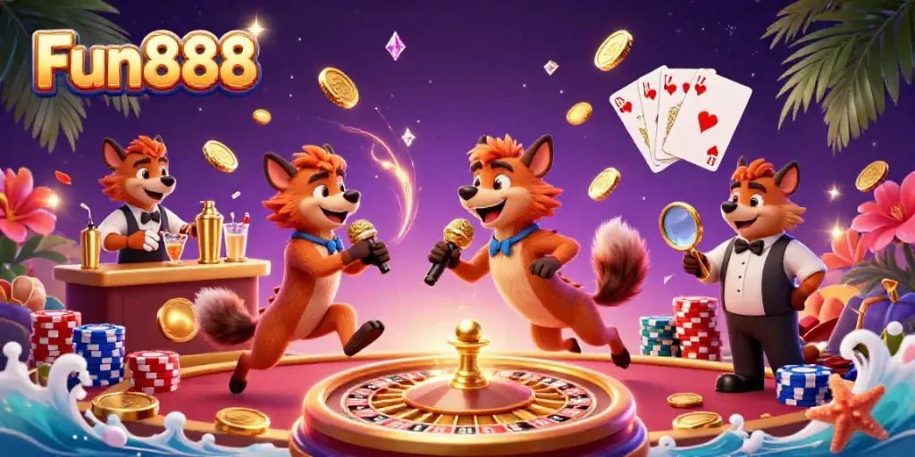 Experience the thrill of Fun888 in a lively casino scene featuring hyenas and sparkling casino elements.