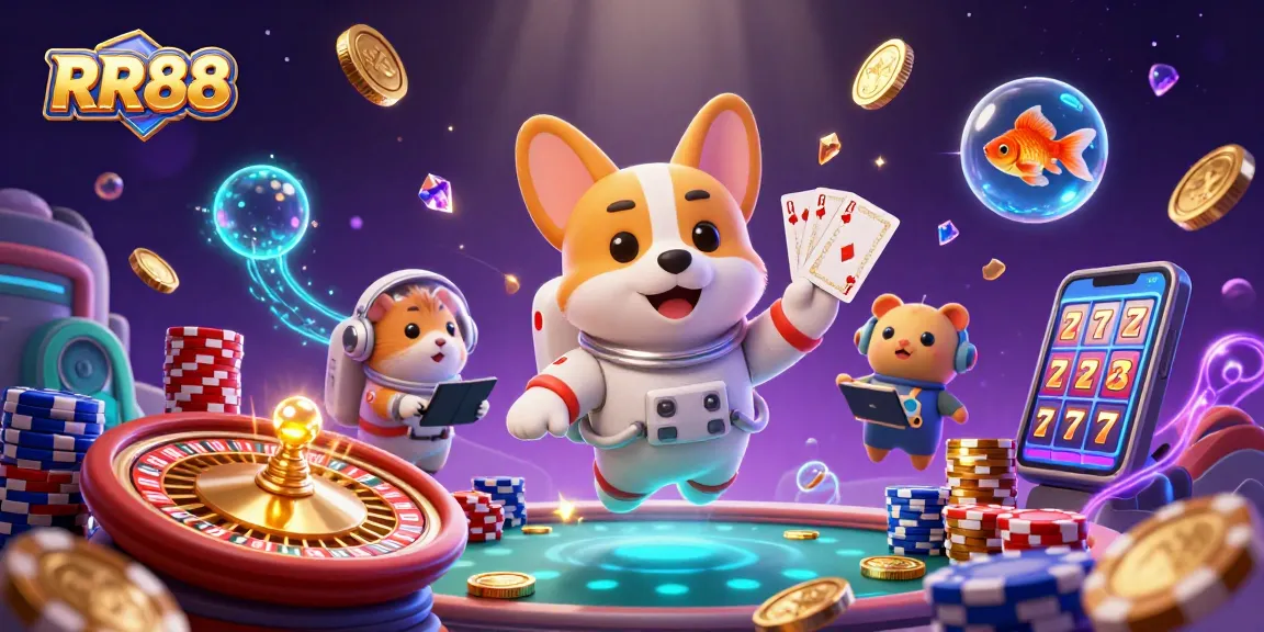 Join the fun at RR88 as you witness a vibrant casino scene filled with excitement, golden coins, and lucky wins.