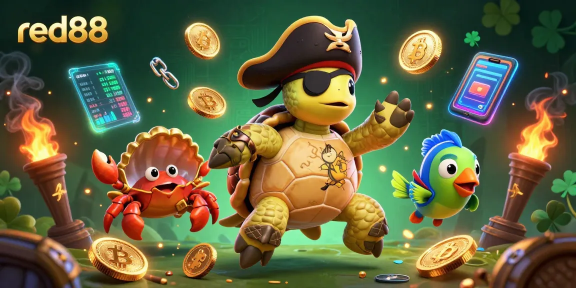 Engage with red88's underwater adventure as a pirate turtle explores treasures amidst cryptocurrencies.