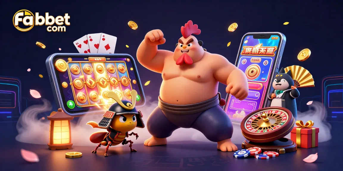 Engage with Fabet com in a dynamic casino scene featuring cartoon sumo wrestler rooster and samurai cricket.