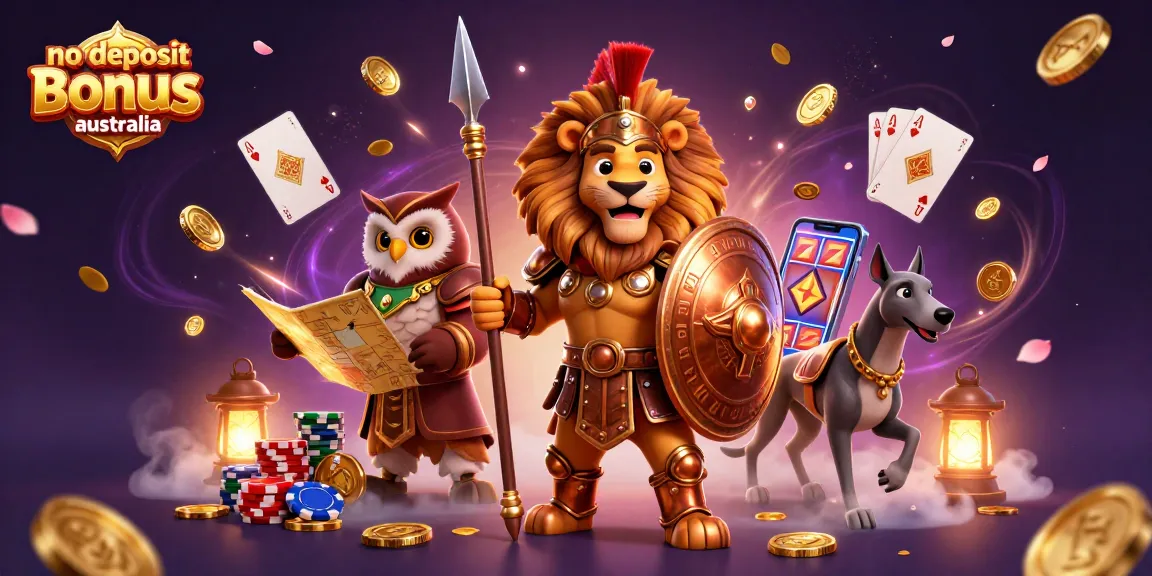 No deposit bonus Australia showcased with a Spartan lion, tactical owl, and swift greyhound amidst casino elements.