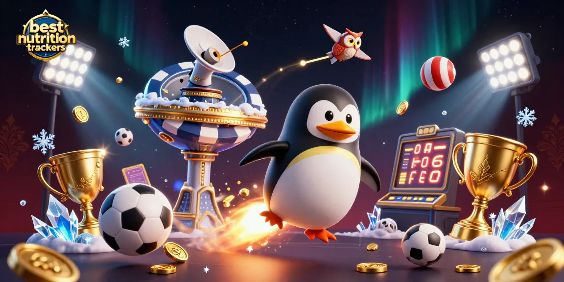 Engage with the best nutrition trackers at the casino featuring a golden penguin and vibrant sports elements.