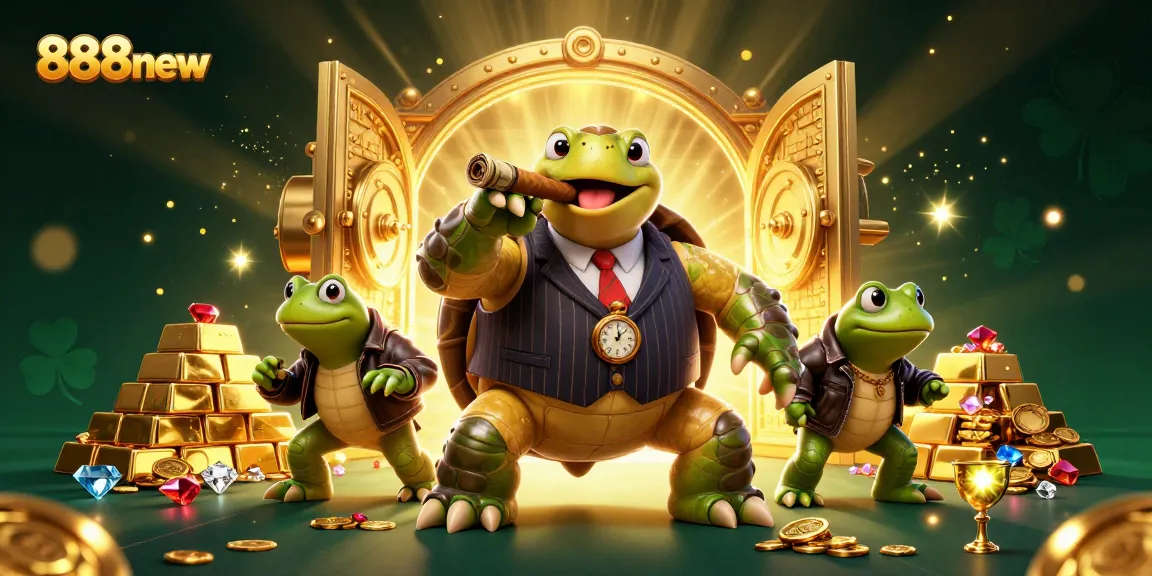 Join the action at 888new with a vibrant 3D illustration of a turtle mobster and frog enforcers amidst casino treasures.