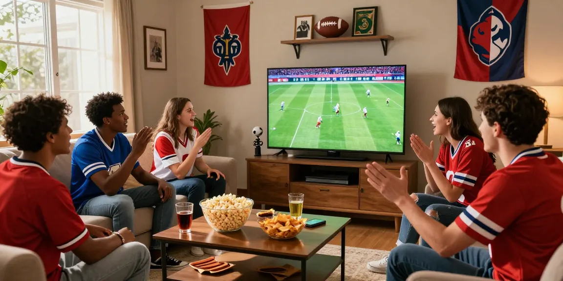 Friends enjoying a lively sports viewing party while watching rojadirectatv football match in a cozy living room.