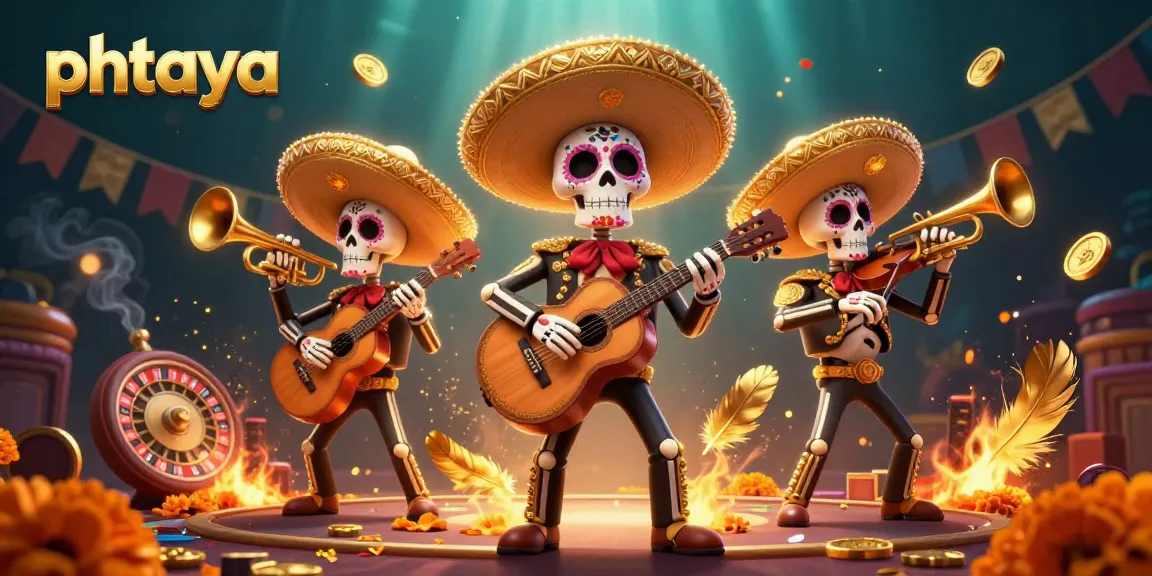 Phtaya gaming scene showcasing a spirited mariachi band amidst vibrant celebratory elements, perfect for online casinos.