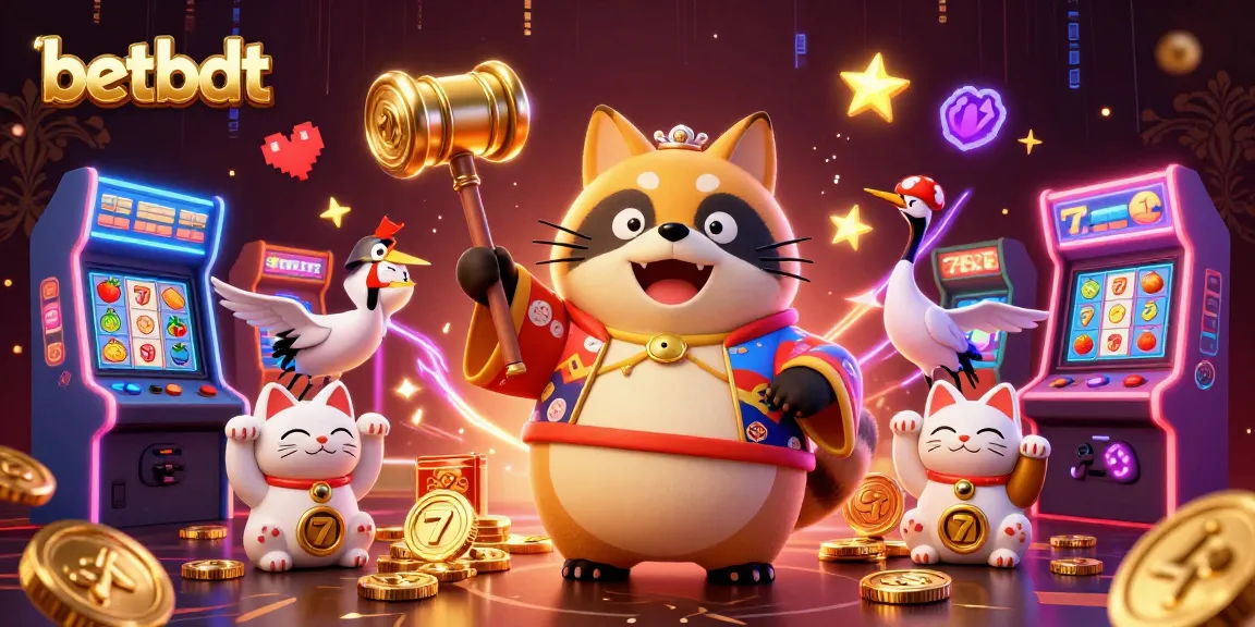 Experience top-notch gameplay with betbdt's vibrant slot machines and cheerful characters in this colorful casino scene.