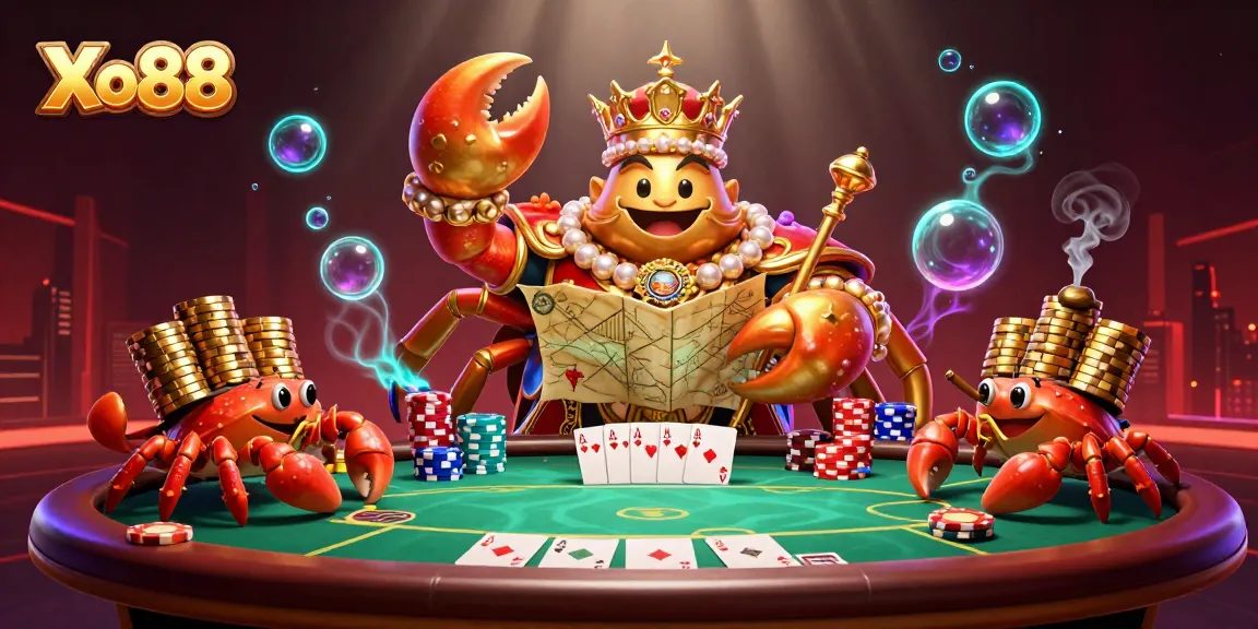 Xo88 showcases a vibrant 3D crab emperor in a bustling casino scene filled with poker elements.