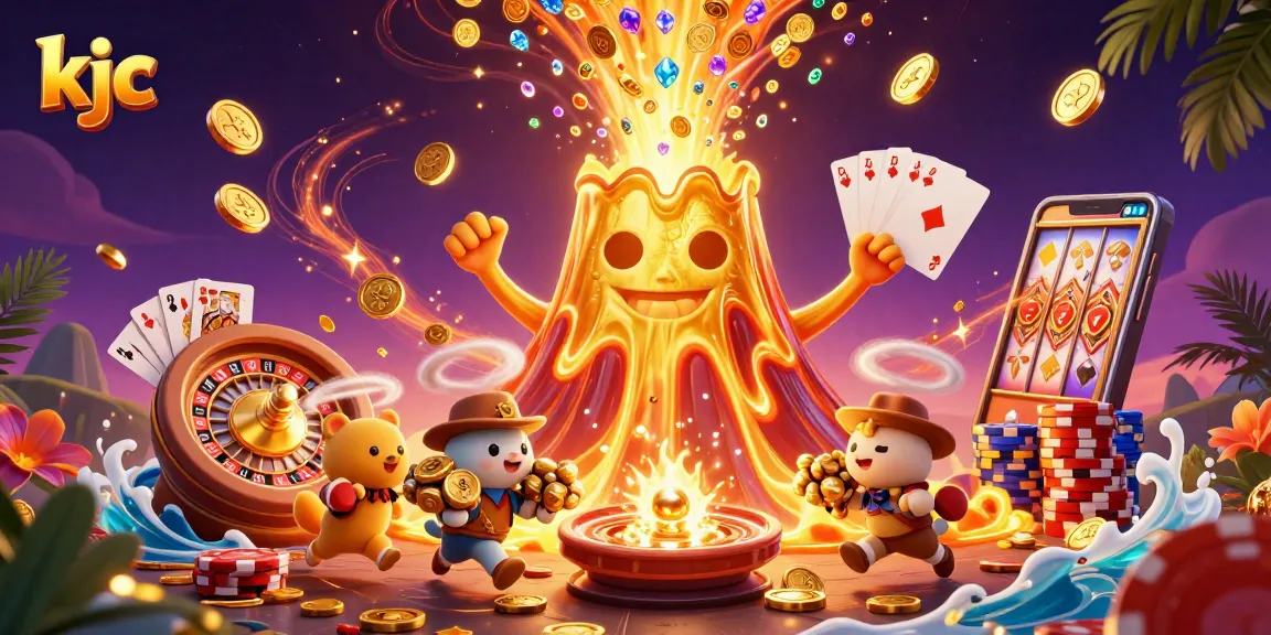KJC invites players to win with a prominent golden volcano erupting treasures and vibrant casino elements.