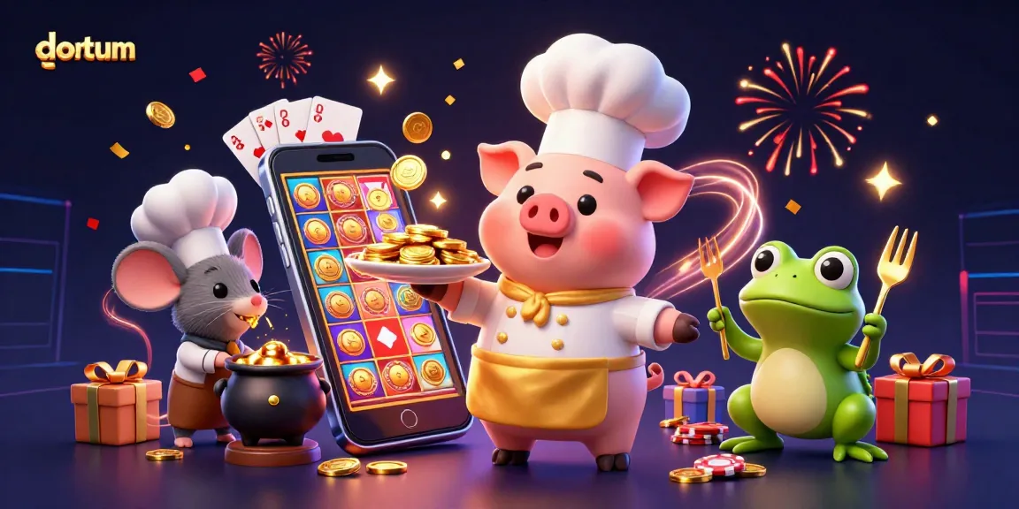 Engage with datum through a vibrant illustration featuring a chef pig, sous-chef mouse, and critic frog in a lively casino setting.