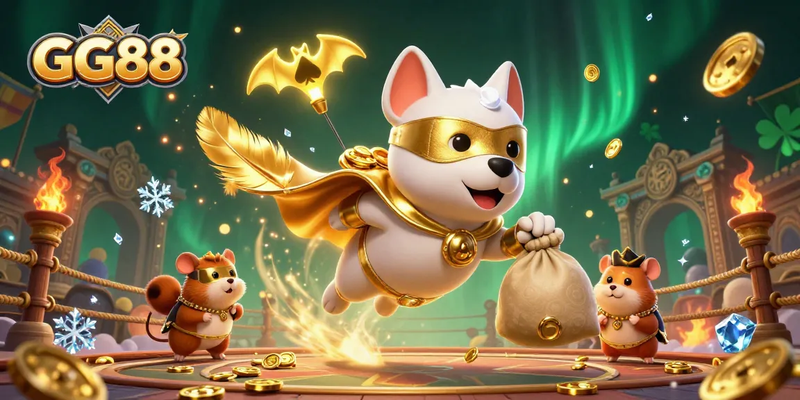 Experience GG88 with a superhero dog flying through a vibrant casino scene filled with gold coins and dynamic casino elements.