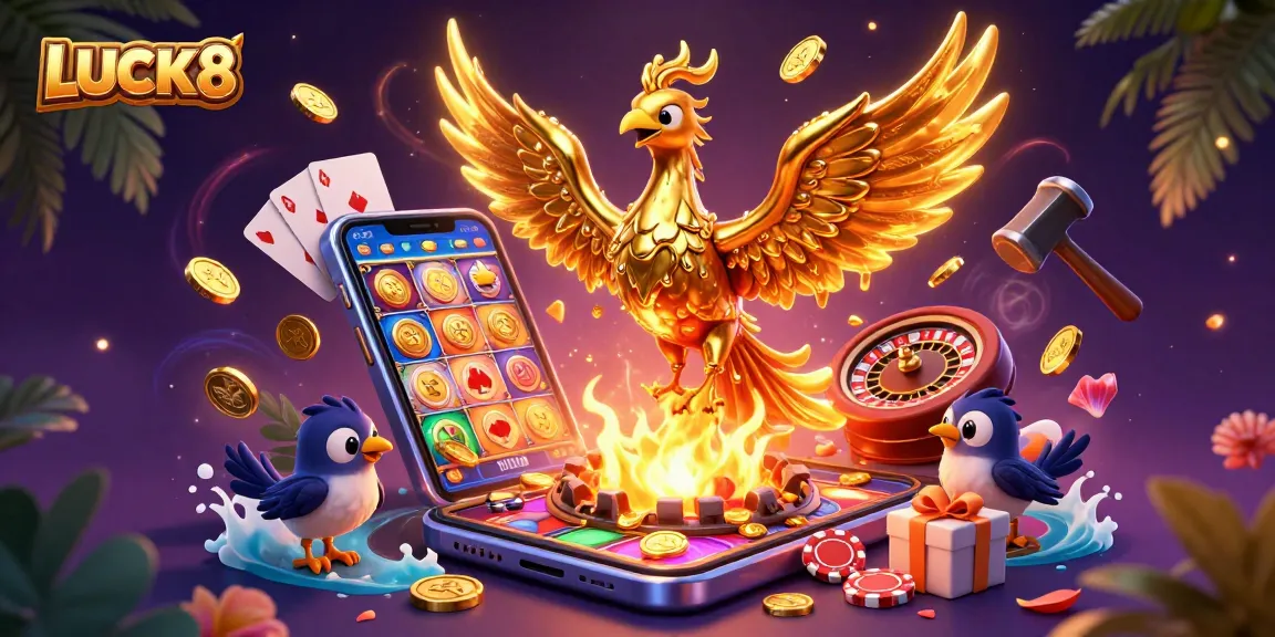 Experience LUCK8's vibrant casino world with captivating golden phoenix and exciting game visuals.