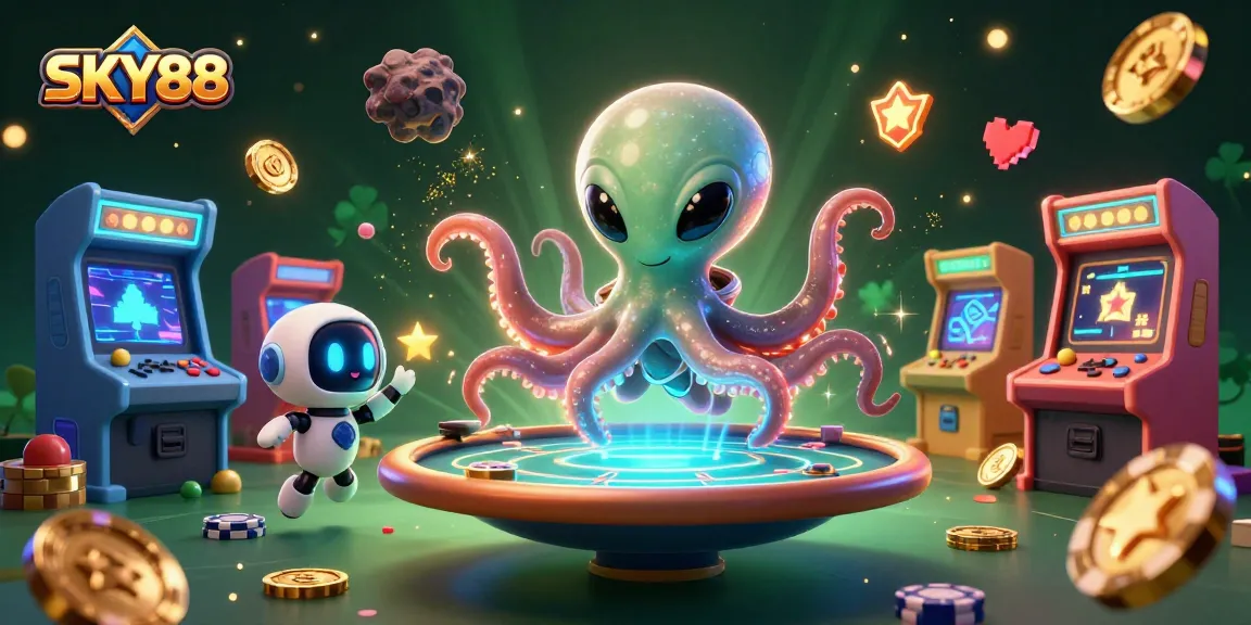 Experience thrilling gameplay with SKY88 as a vibrant alien octopus operates a poker table in an exciting casino.