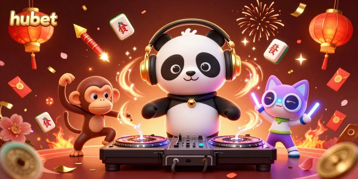 Experience the thrill of hubet with a lively 3D casino scene featuring a DJ panda and festive elements.