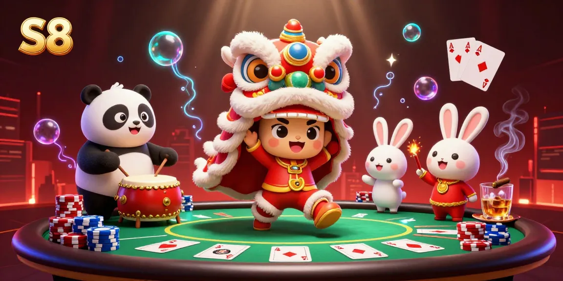 S8 offers exciting poker gameplay moments with a lion dance and dynamic casino elements.