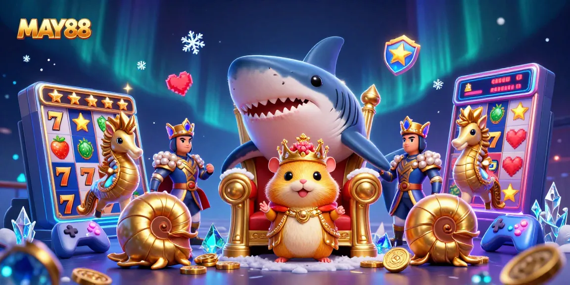 MAY88 showcases a golden hamster king surrounded by vibrant slot game elements in this dynamic casino scene.
