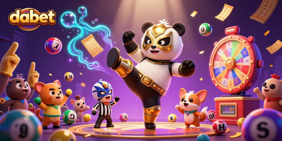 Dabet showcases excitement with a wrestling panda, animated lottery balls, and dynamic casino elements.