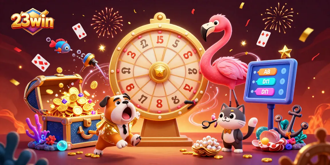 Experience the thrill of 23win with a colorful game show scene featuring fun characters and dynamic casino elements.