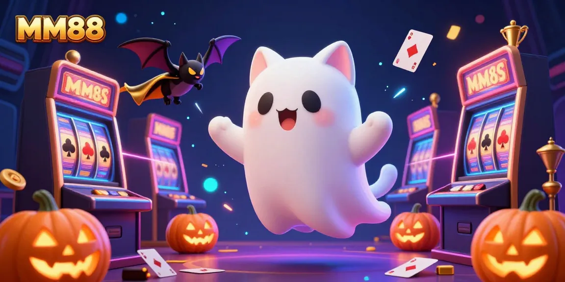 Experience the excitement of MM88 with a dynamic casino illustration featuring gaming elements and friendly characters.