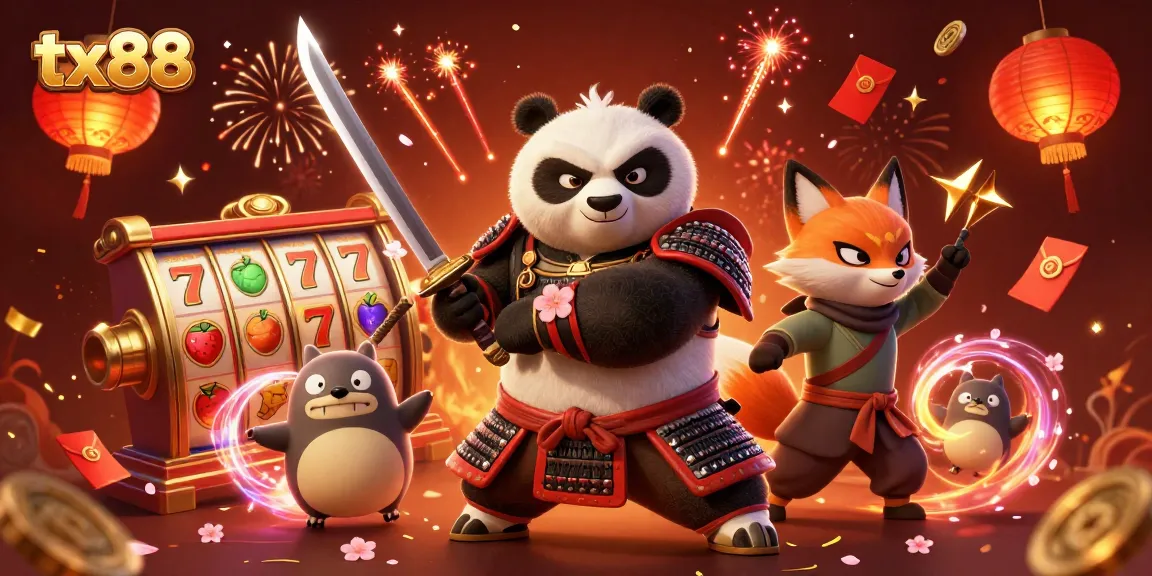 Experience thrilling gameplay with tx88's vibrant 3D illustration showcasing samurai panda and ninja fox.