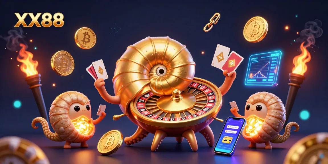 Experience the excitement of XX88 with a giant nautilus roulette wheel and glowing crypto elements.