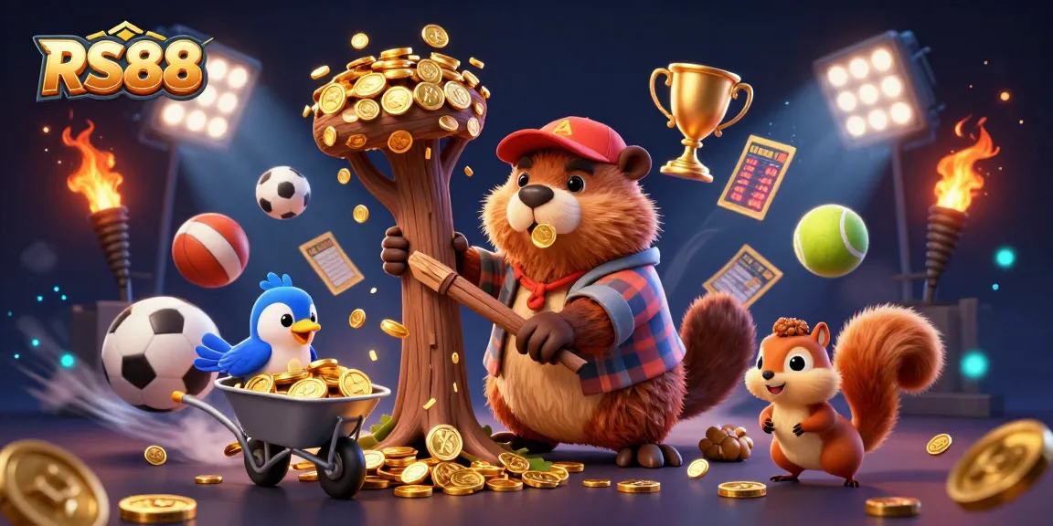 Engage in thrilling bets with RS88 as a playful beaver collects golden coins in a vibrant casino scene.
