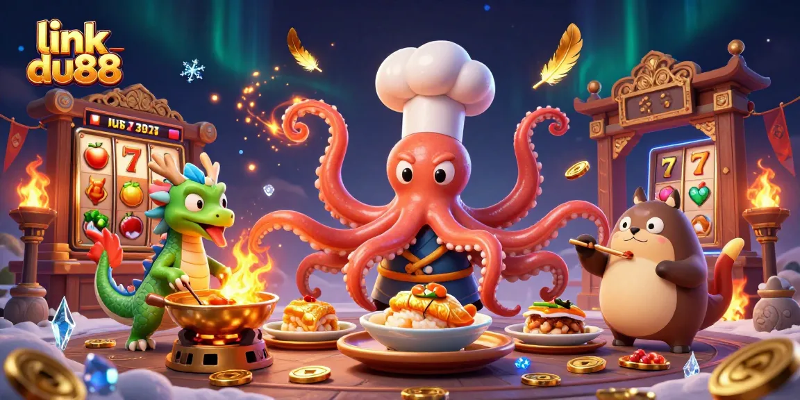 Engage with exciting games at link du88 featuring a sushi chef octopus amidst vibrant slot elements.