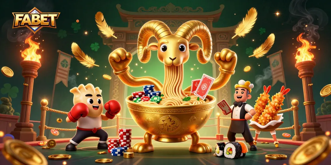 Experience FABET's thrilling atmosphere with a 3D ramen bowl dealing cards surrounded by cheering food characters.