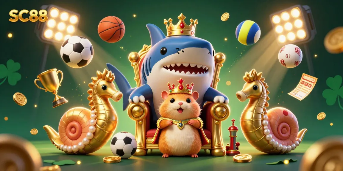 Engage with SC88's exciting casino gaming scene featuring a golden hamster king surrounded by dynamic sports elements.