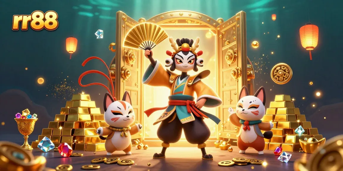 Experience the thrill at rr88 with traditional characters and treasure in this vibrant casino scene.