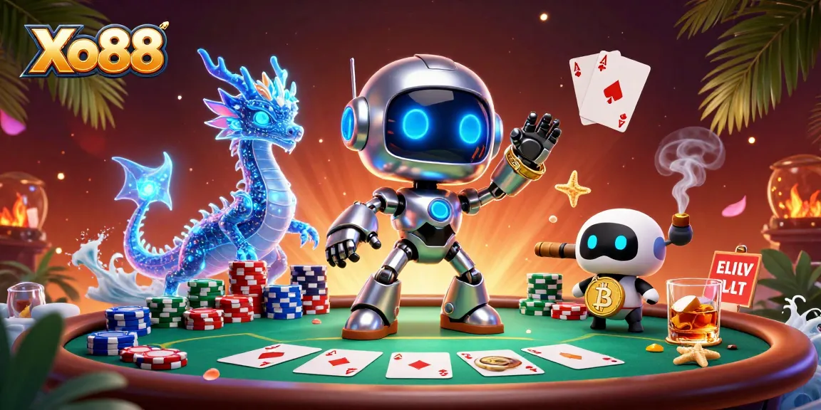 Xo88 poker scene featuring a cyberpunk mascot, AI dragon, and bitcoin drone in an energetic atmosphere.