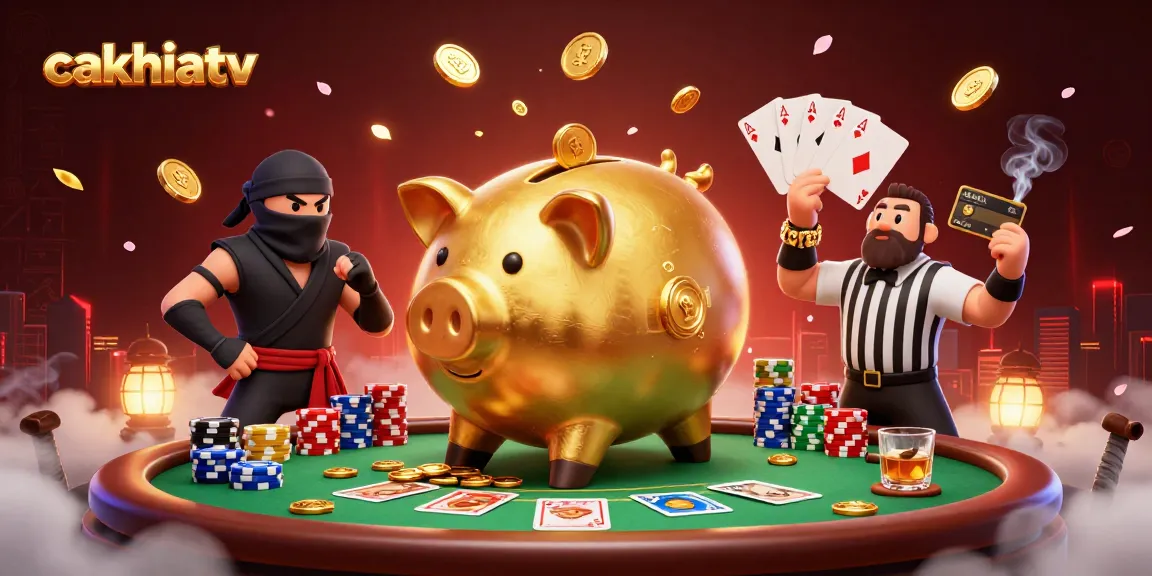 Cakhiatv showcases a dynamic scene with a golden sumo wrestler, wallet-ninja, and credit-card referee driving the excitement of online gambling.