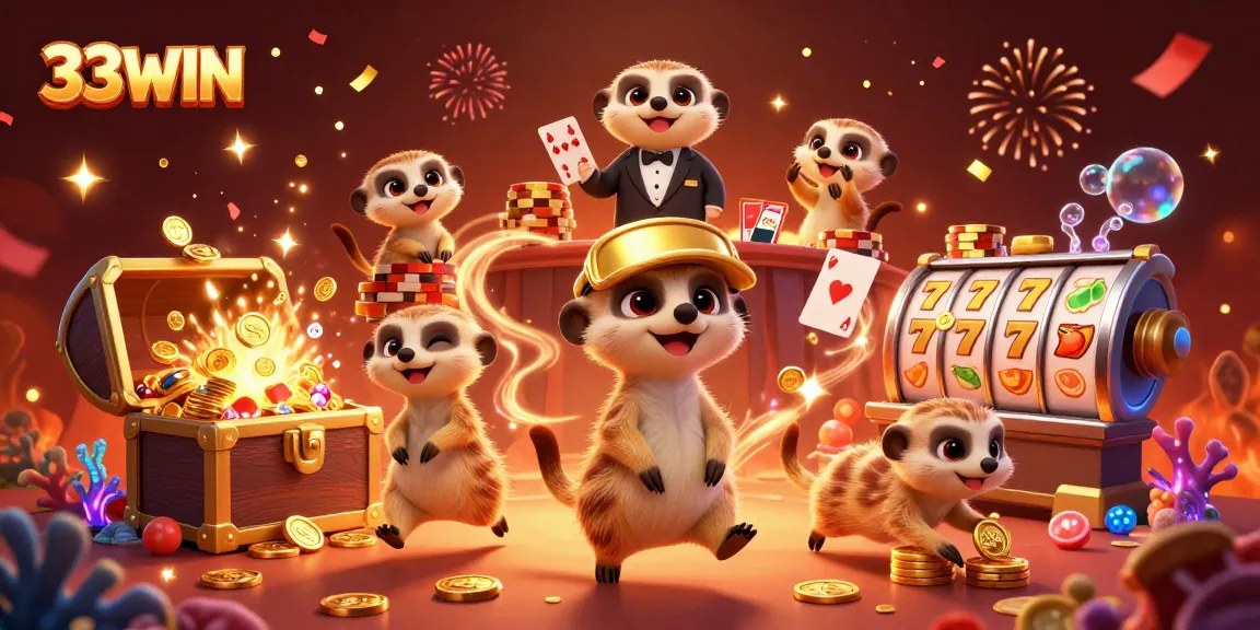 Experience the thrill of winning at 33WIN's virtual casino illustrated with dynamic meerkat characters.