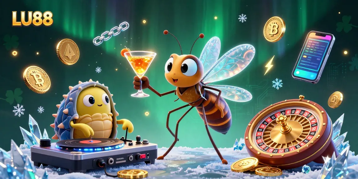 LU88 casino mascot frozen in amber, spinning a golden roulette wheel while dynamic gaming elements surround it.