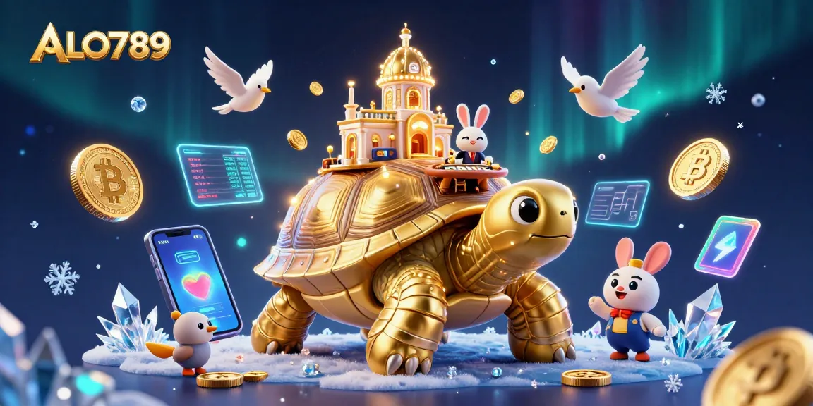 Experience the dynamic ALO789 casino scene with a golden tortoise, rabbit dealer, and flying coins.