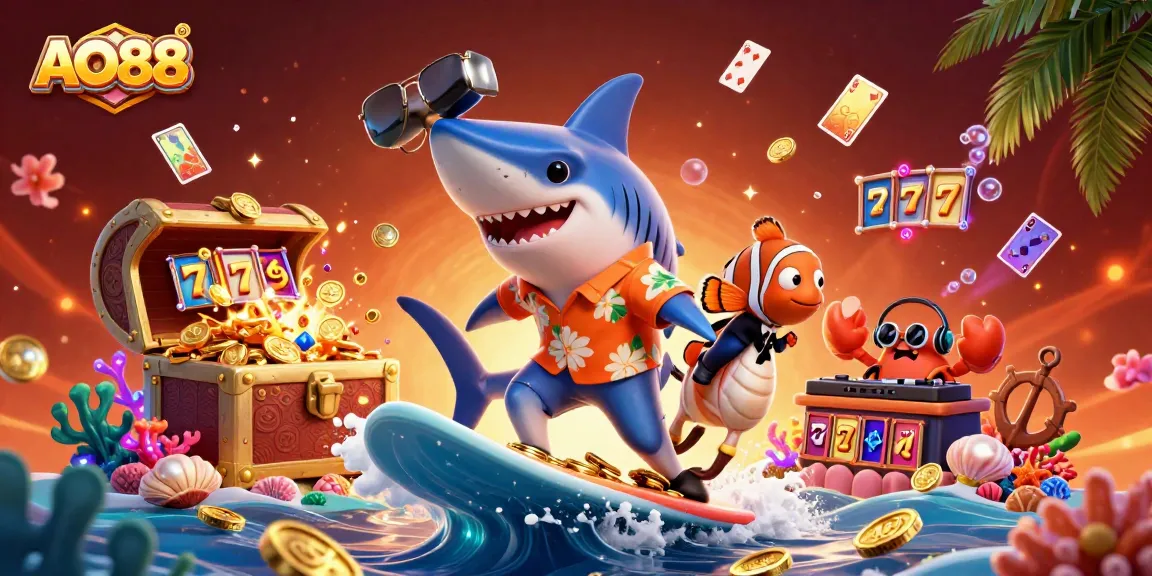 Experience thrilling slots with AO88 in a vibrant underwater casino adventure scene.