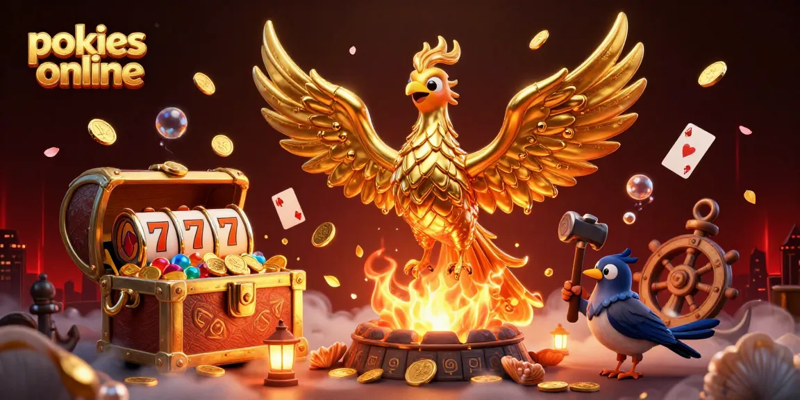 Play pokies online with a golden phoenix and vibrant slot reels surrounded by treasure.
