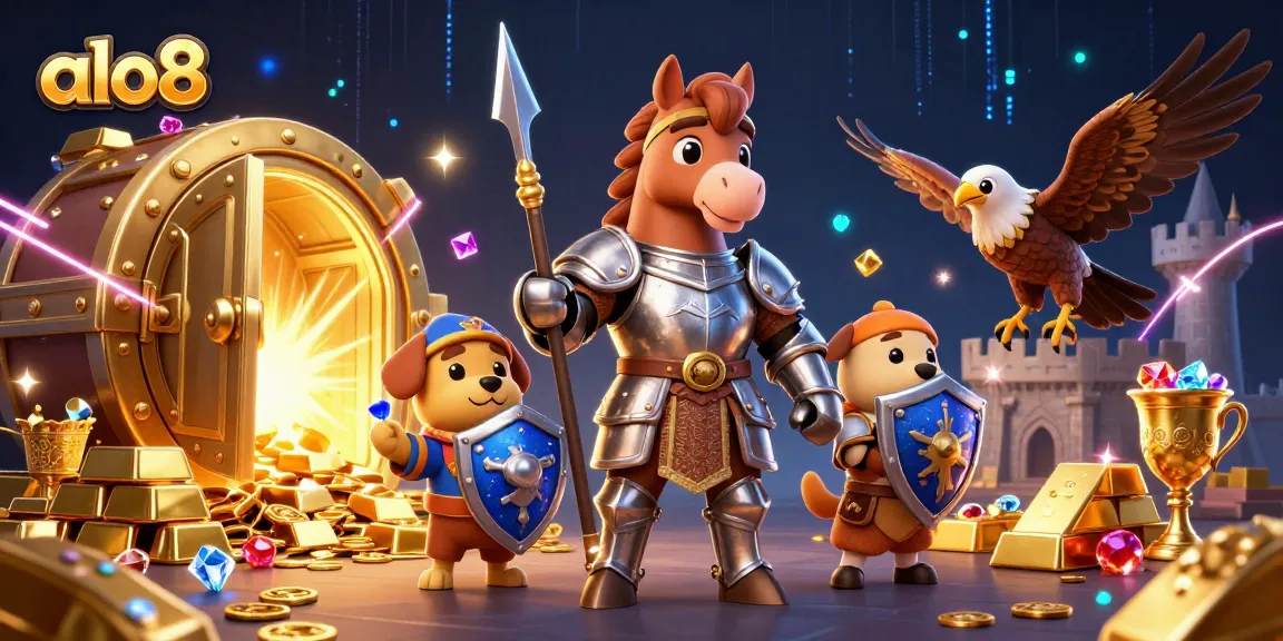 Experience thrilling action at alo8 with a dynamic 3D scene featuring medieval characters surrounded by gold treasures.