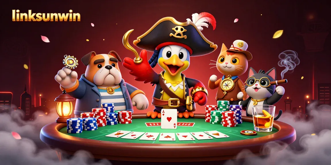 Experience thrilling poker action with linksunwin's pirate-themed casino adventure featuring vibrant cards and chips.